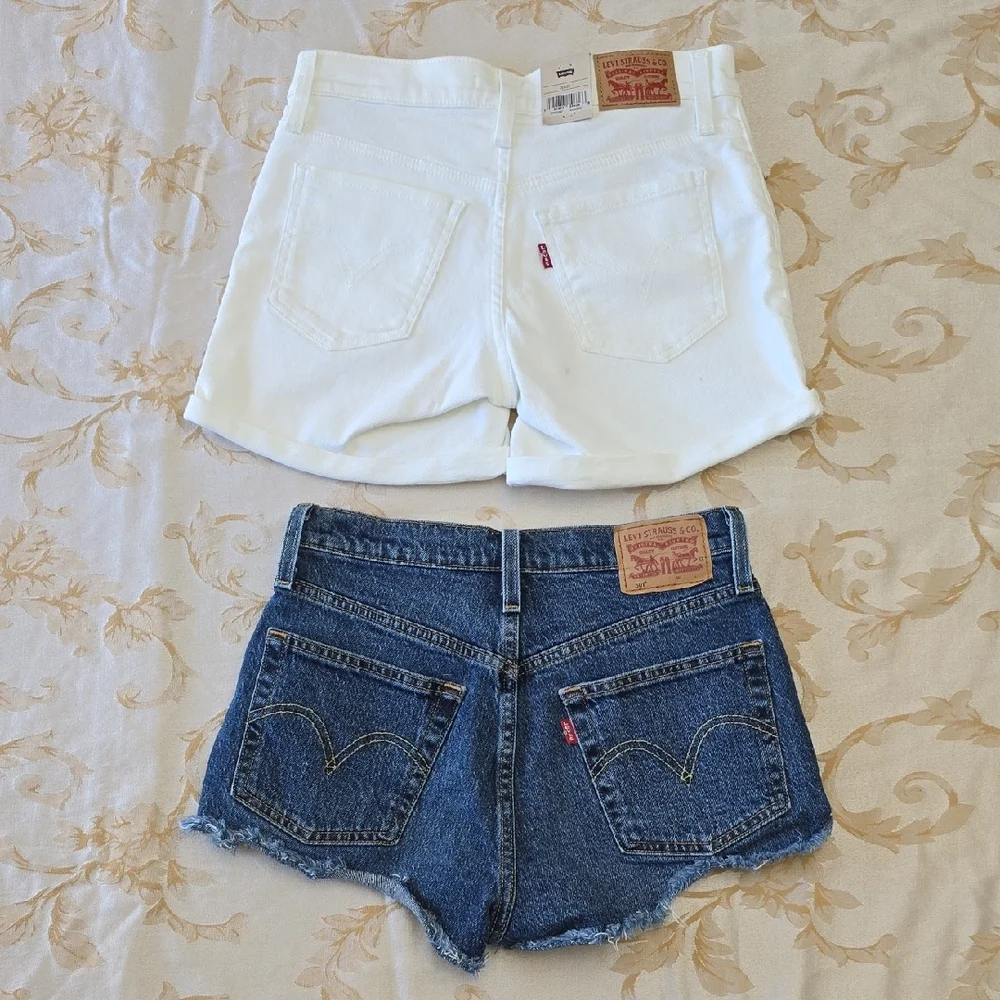 Levi's White Mid Rise Rolled-Hem Shorts & Distressed Blue Denim Cutoffs - Picture 2 of 9